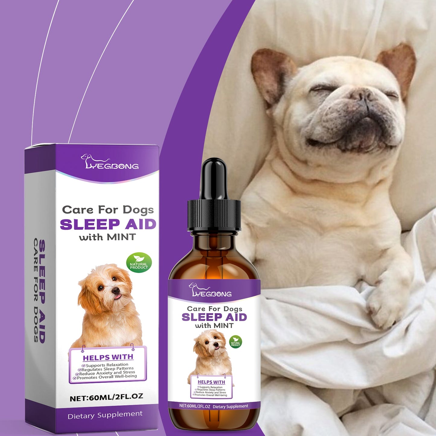 V.I.P Digital Presence pet sleep care drops for dog anxiety relief with mint flavor in a 60ml bottle