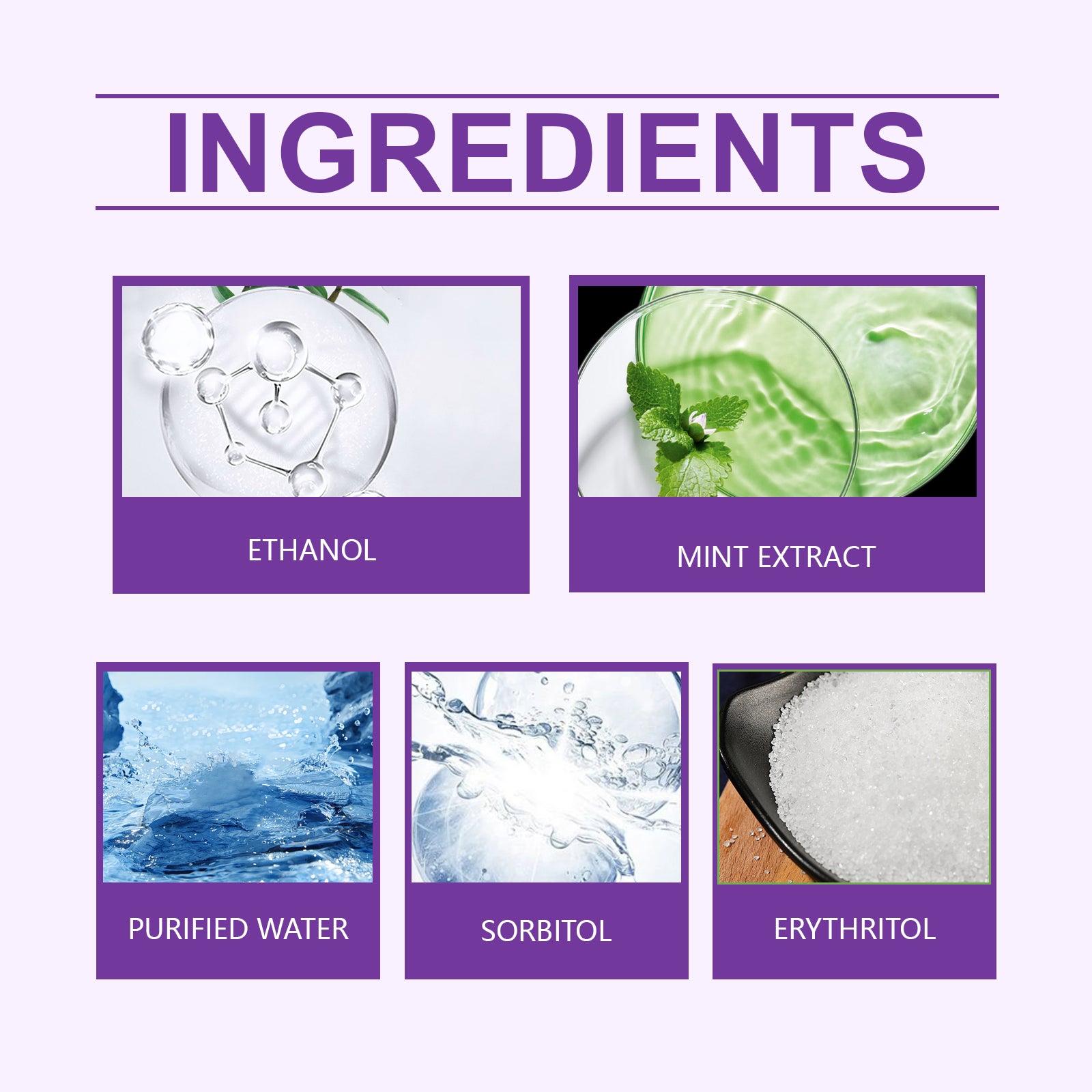 Ingredients for dog anxiety relief featuring mint extract and purified water for pet sleep care drops