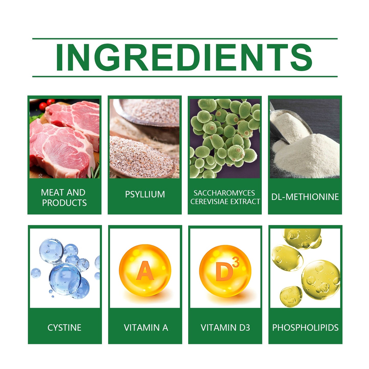 Ingredient list for nutrient rich pet fiber supplement featuring meat, psyllium, vitamins, and phospholipids