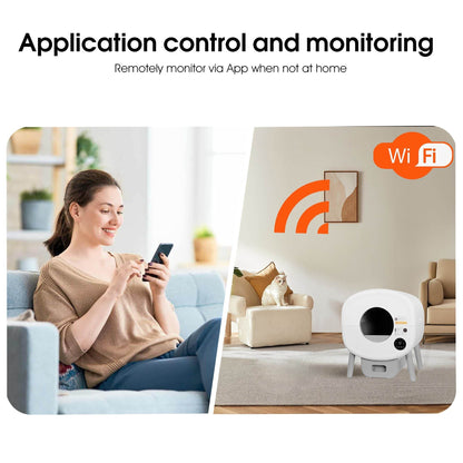 Woman controlling Purrfect Pet Kingdom automatic self-cleaning cat litter box remotely via app with WiFi