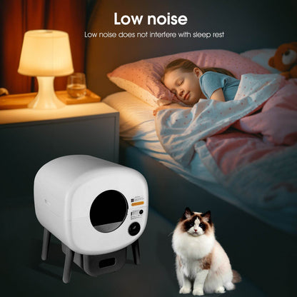 Purrfect Pet Kingdom automatic self-cleaning cat litter box in white with low noise feature beside sleeping child and cat