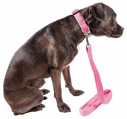 Black dog wearing pink breathable 2-in-1 dog harness set with matching leash from Purrfect Pet Kingdom