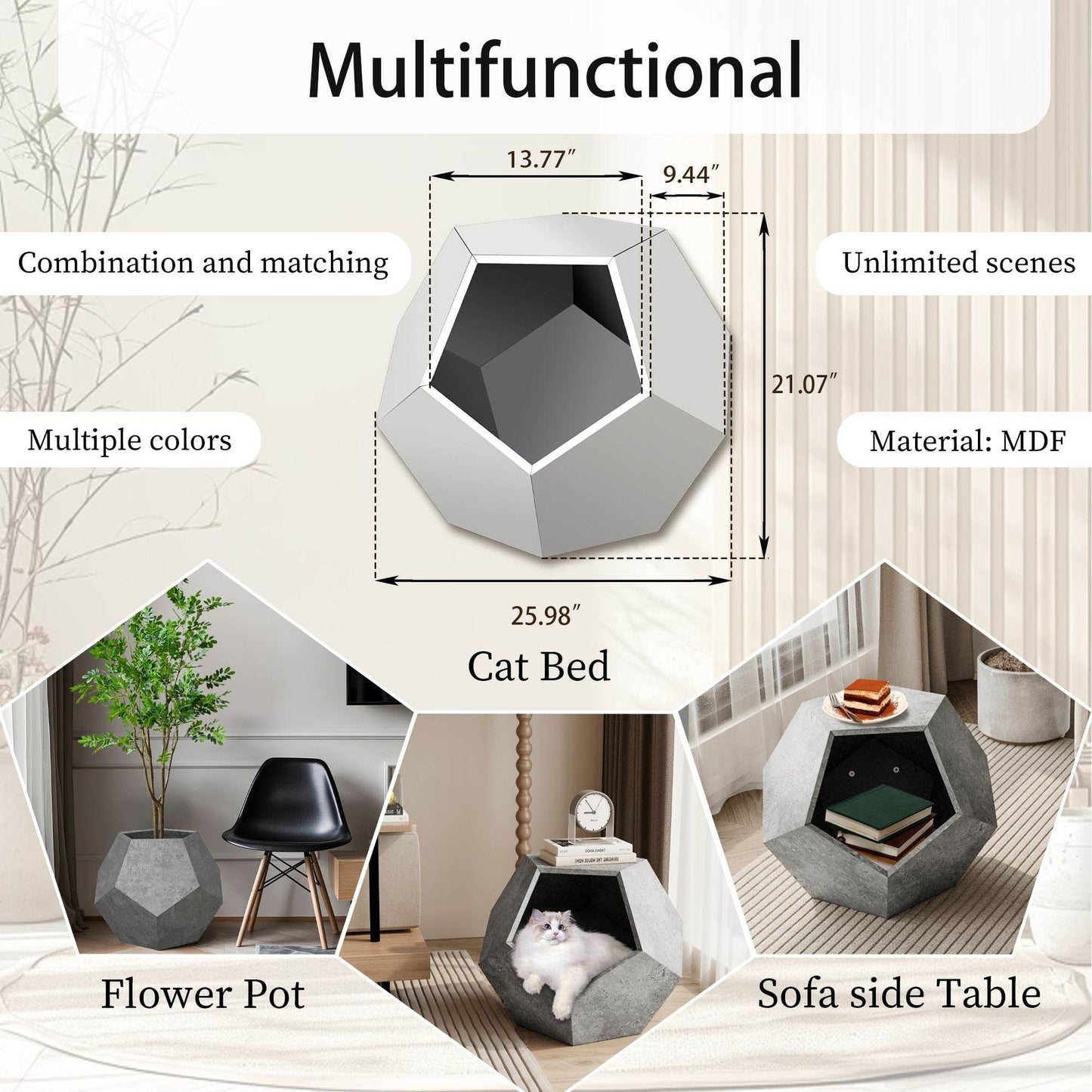 Multifunctional cat kennel side table doubling as a cozy cat bed and flower pot in modern home decor