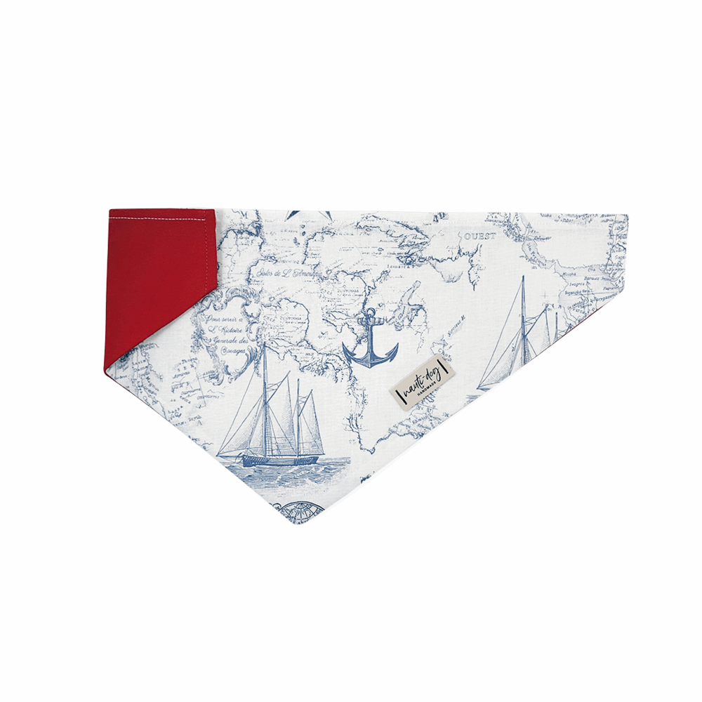 Nauti-dog Handmade over the collar pet bandana featuring a nautical map design and red trim