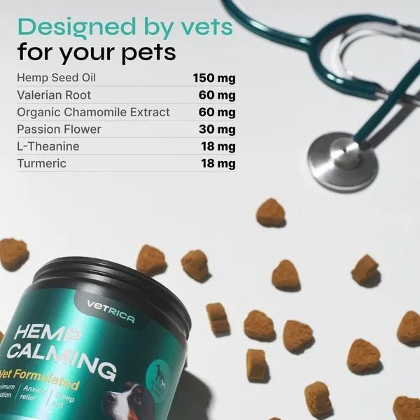 Purrfect Pet Kingdom dog anxiety relief chews for travel with natural calming ingredients like hemp seed oil and valerian root