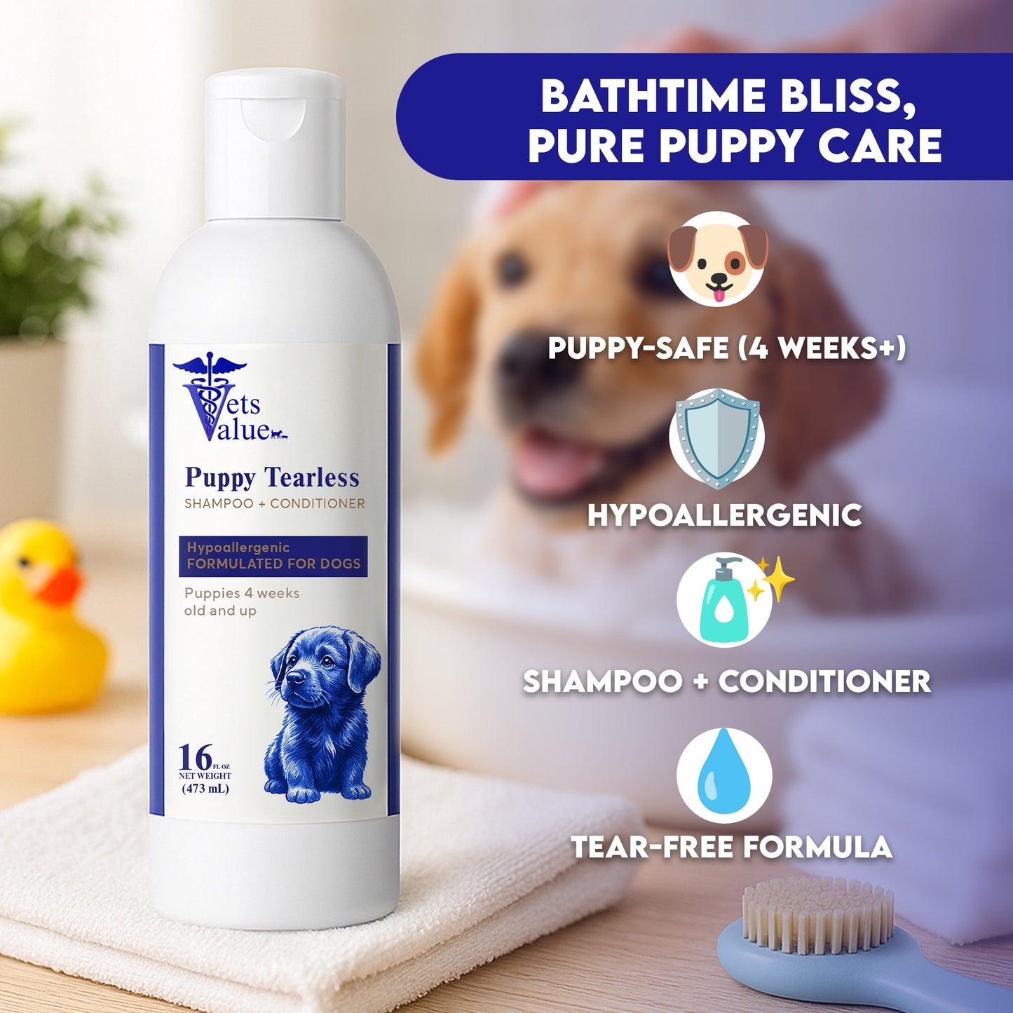 Horizon Animal Care gentle puppy shampoo 4 weeks and up in a bath setting with a happy puppy