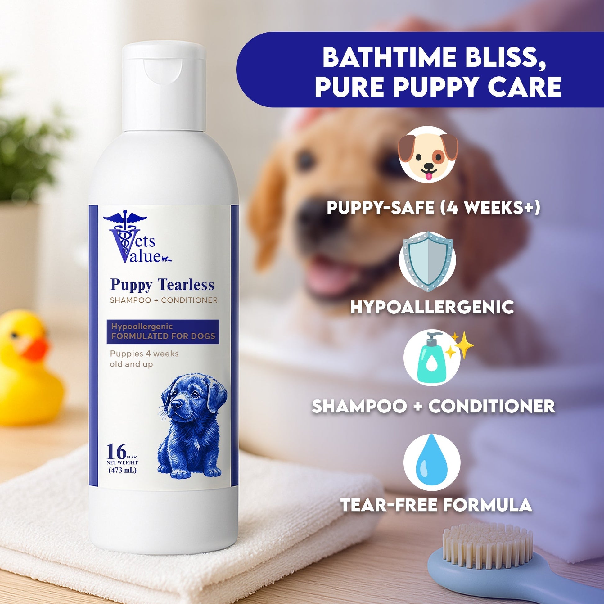 Horizon Animal Care gentle puppy shampoo 4 weeks and up in a bath setting with a happy puppy
