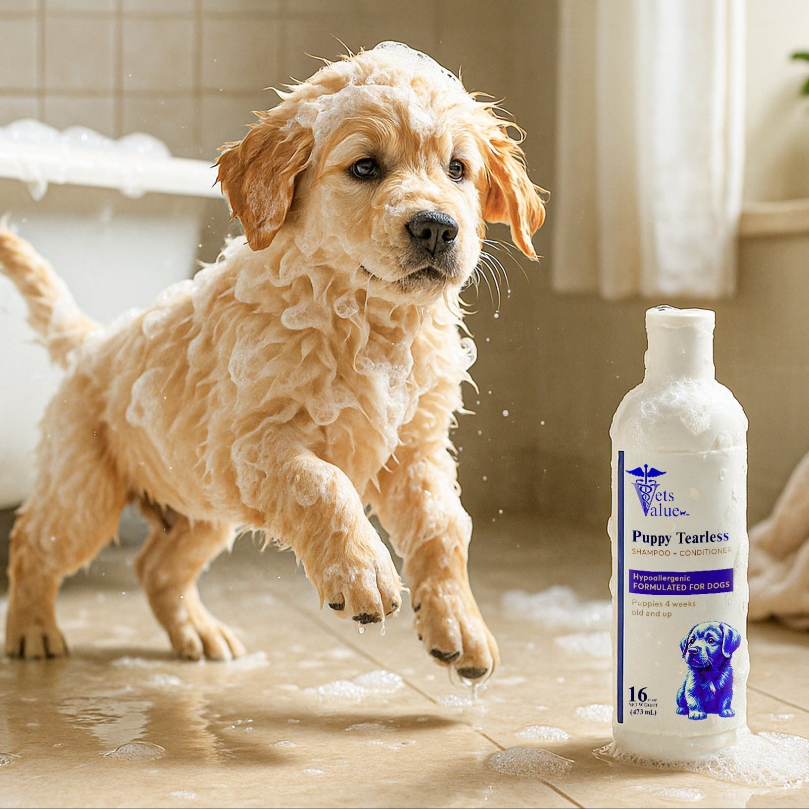 Horizon Animal Care gentle puppy shampoo 4 weeks and up with a fluffy puppy enjoying a bath