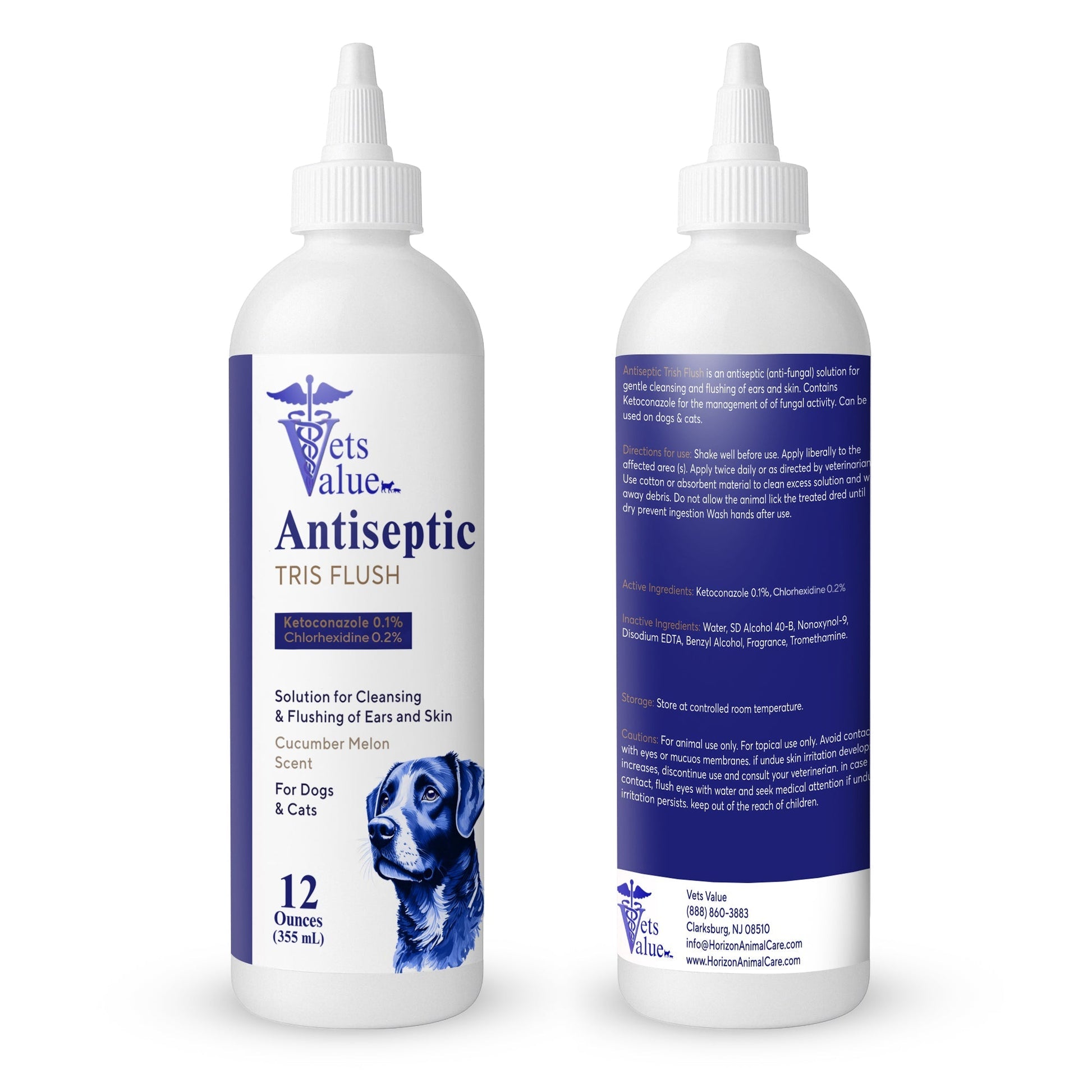Horizon Animal Care Antiseptic Tris Flush for Dogs and Cats, a veterinary ear flush for dogs and cats.
