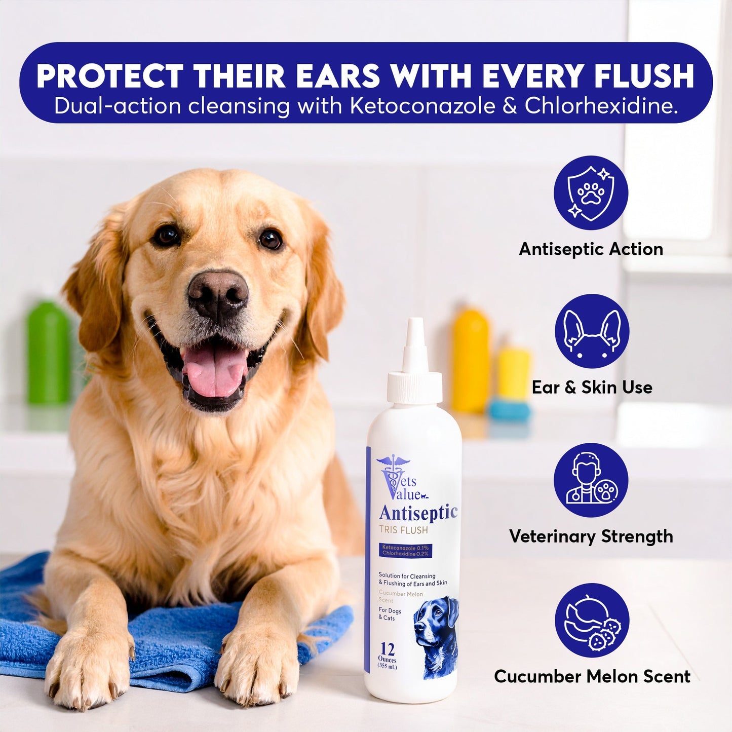 Horizon Animal Care veterinary ear flush for dogs and cats with antiseptic action and cucumber melon scent