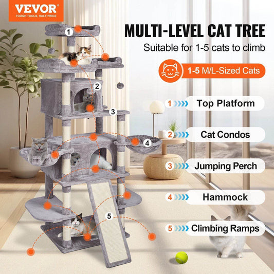 Multi-level gray cat tree for active cats with top platform, cat condos, jumping perch, hammock, and climbing ramps