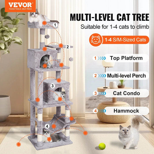 Purrfect Pet Kingdom multi-level cat tree with hammock and condos in gray for 1-4 small to medium cats