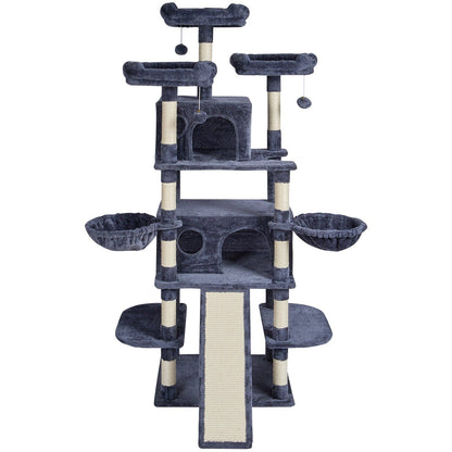 Purrfect Pet Kingdom cat tree with scratching posts in gray featuring multiple platforms and cozy hideouts