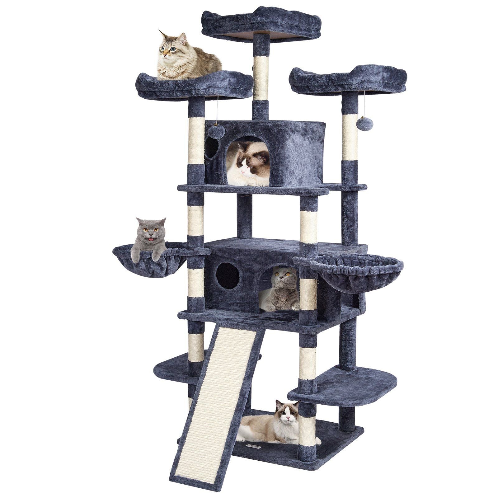 Purrfect Pet Kingdom cat tree with scratching posts in gray featuring multiple platforms and cozy resting spots