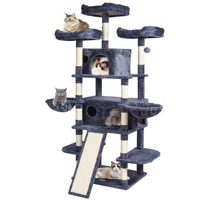 Purrfect Pet Kingdom cat tree with scratching posts in gray featuring multiple platforms and cozy resting spots