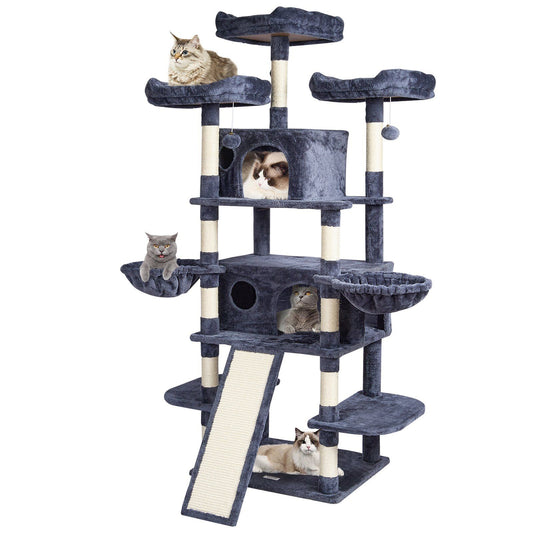 Purrfect Pet Kingdom tall cat tree with scratching posts in dark gray featuring multiple platforms and cozy hideouts