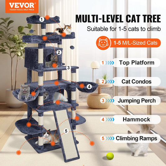 Multi-level cat tree with scratching posts and platforms for 1 to 5 cats from Purrfect Pet Kingdom