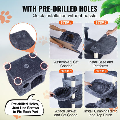 Purrfect Pet Kingdom cat tree with scratching posts showing pre-drilled holes for easy step-by-step assembly