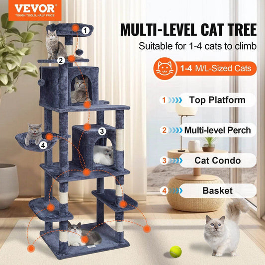 Multi-level cat tree tower by Purrfect Pet Kingdom with top platform, perch, condo, and basket for 1-4 cats