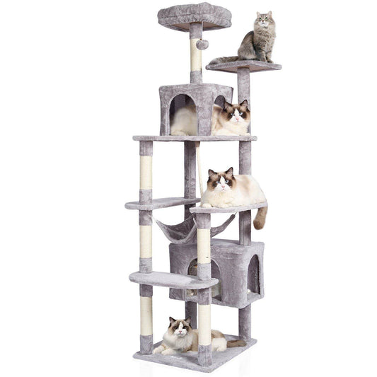 Purrfect Pet Kingdom multi-level cat tree tower in gray with multiple platforms and cozy hideouts for cats