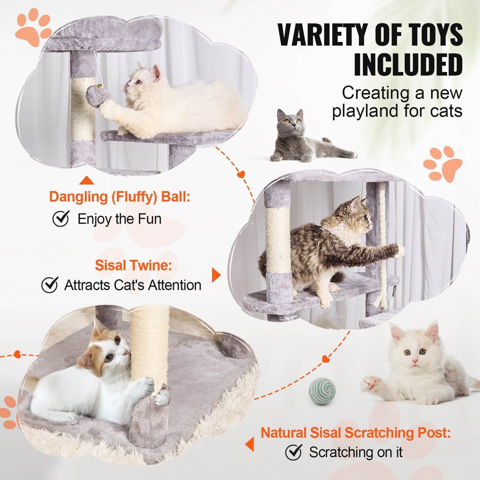 Purrfect Pet Kingdom multi-level cat tree tower with sisal scratching post and dangling fluffy toy for playful cats