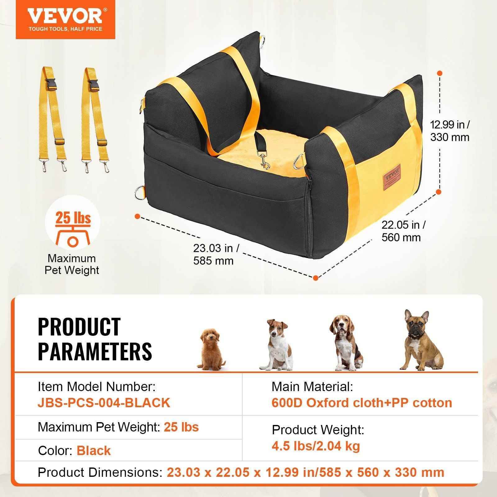 Secure dog travel seat for small pets in black with yellow straps and 25 lbs weight capacity