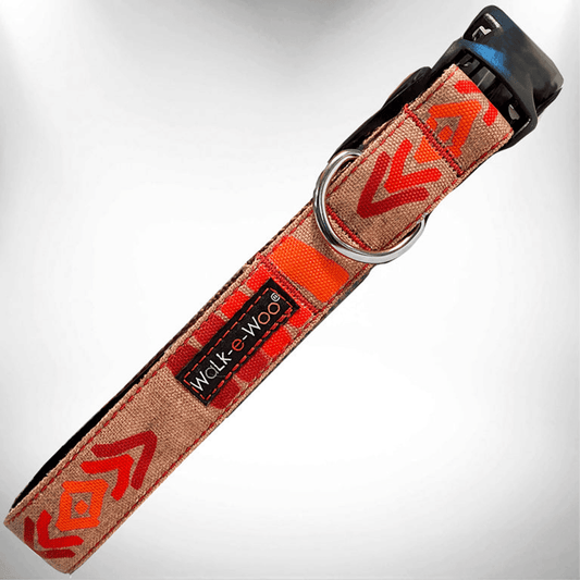 Purrfect Pet Kingdom adjustable designer dog collar with red and orange geometric patterns and black buckle