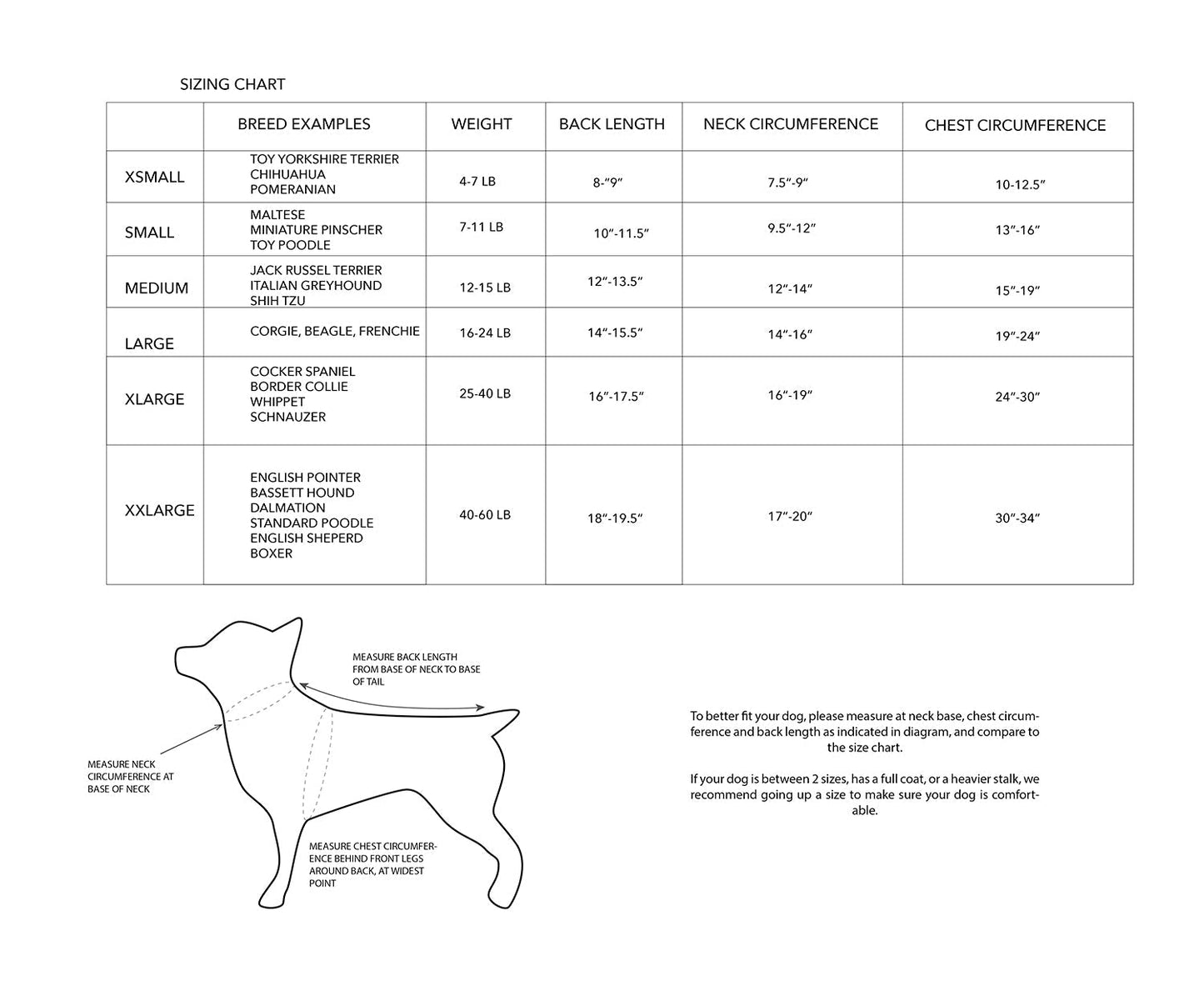 Sizing chart for warm dog coat for small dogs, featuring breed examples and measurement guidelines