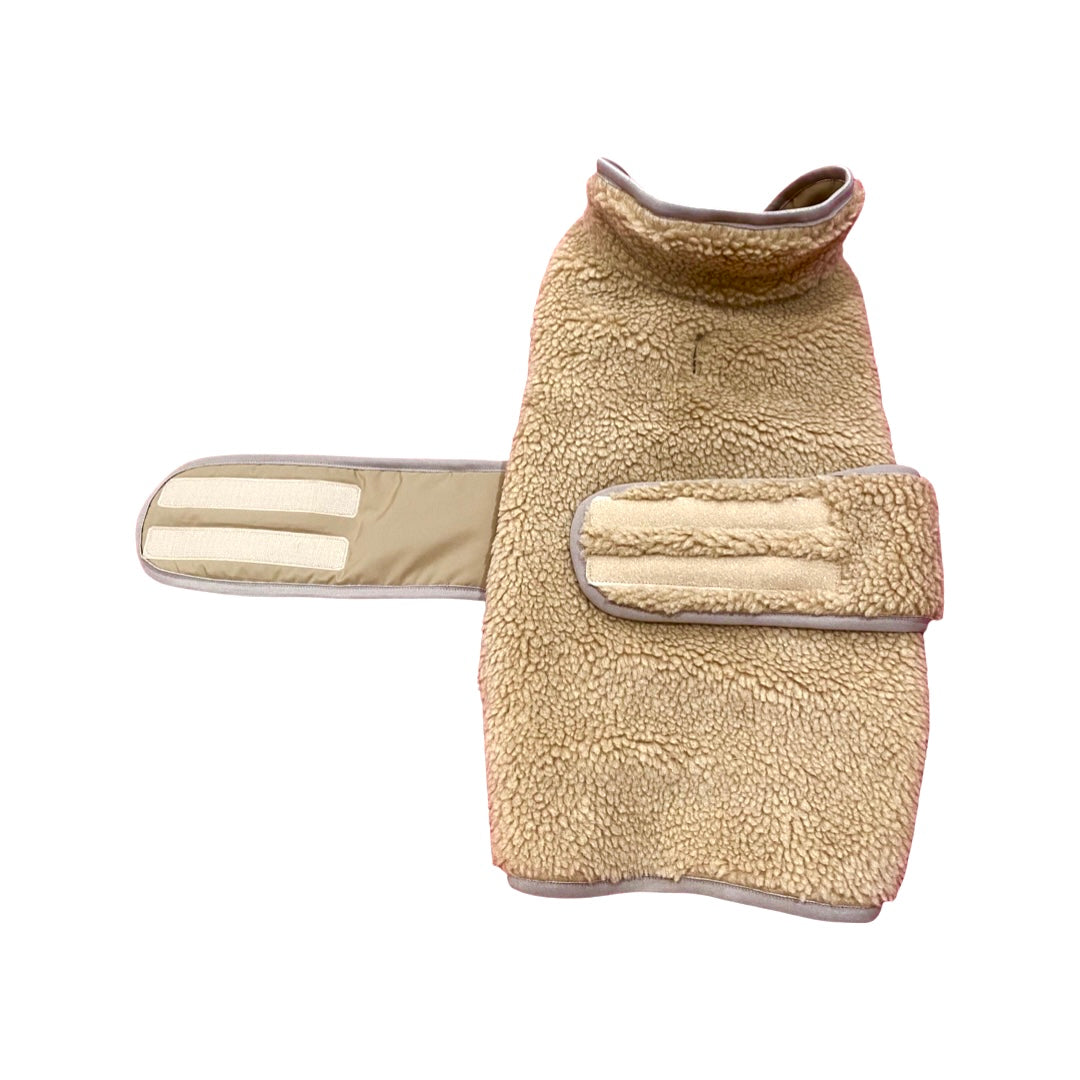 BESPOKE PAWS warm dog coat for small dogs in tan with soft fleece lining and adjustable straps