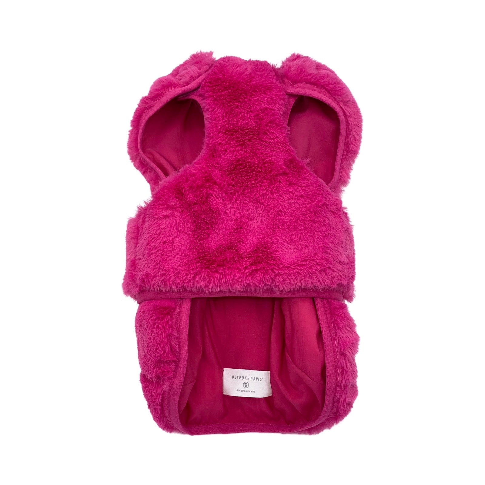 BESPOKE PAWS warm dog winter vest in bright pink with soft fuzzy fabric for cozy warmth
