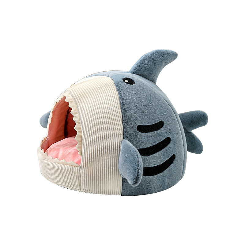 Shark-shaped warm enclosed pet bed for small animals with plush interior for comfort