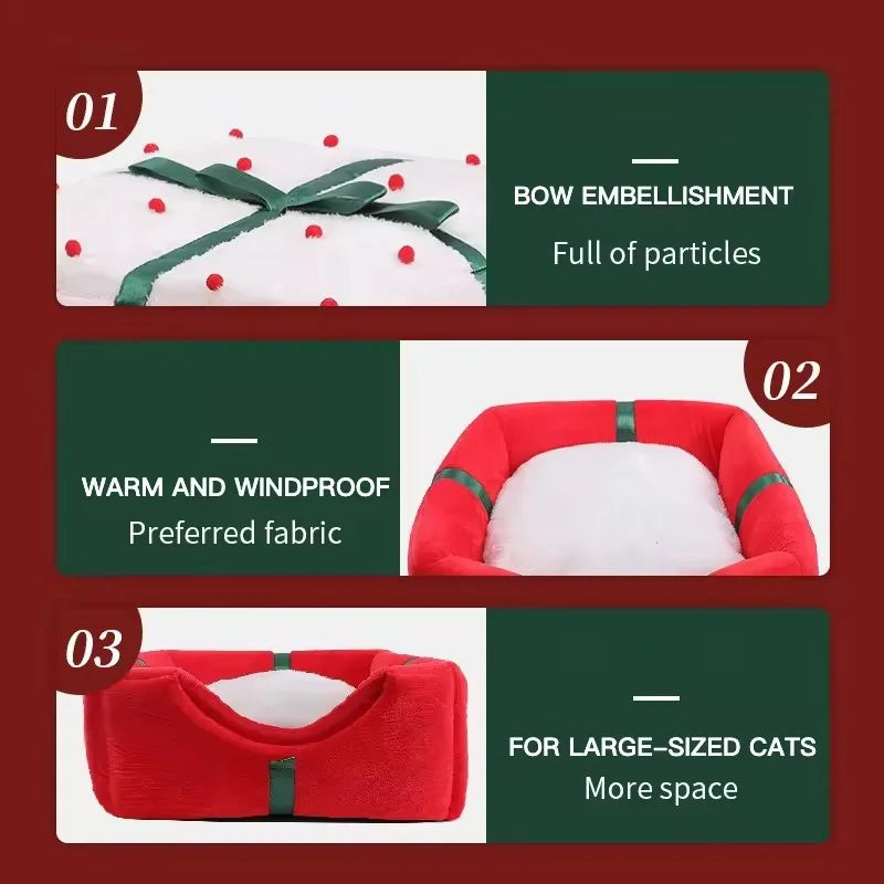 Warm holiday cat house with bow embellishment and windproof fabric for large-sized cats