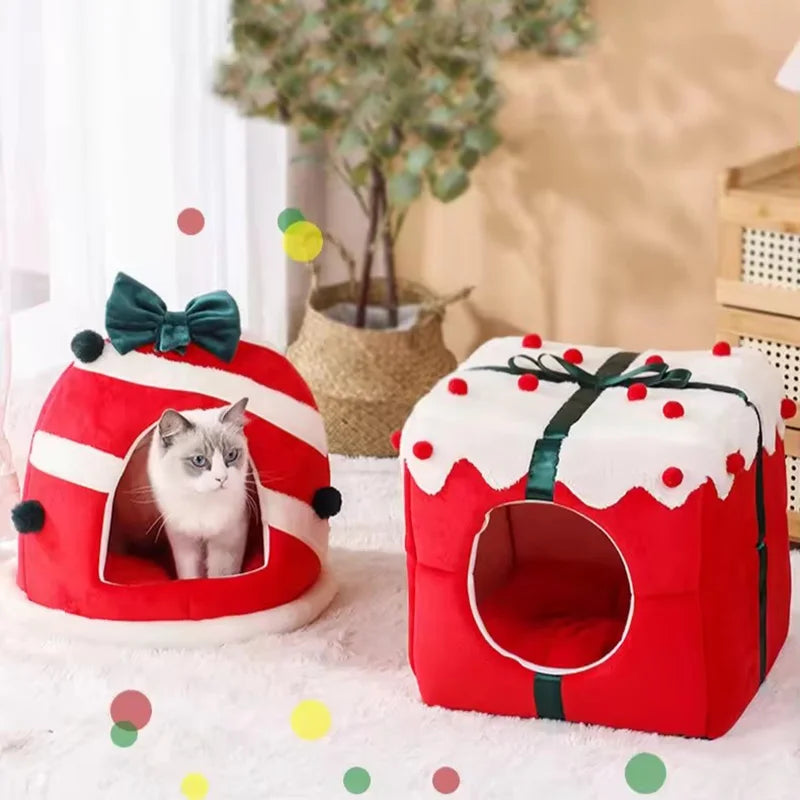 Cozy warm holiday cat house with festive design and soft fabric for comfortable napping
