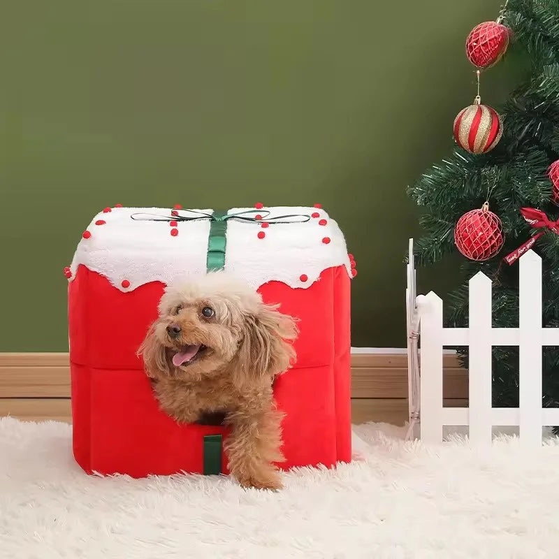 Cozy warm holiday cat house designed as a gift box for playful cat naps
