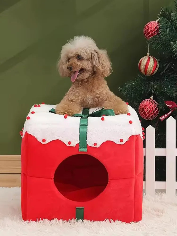 Cozy warm holiday cat house by Tail Chasers designed like a festive gift with a soft interior