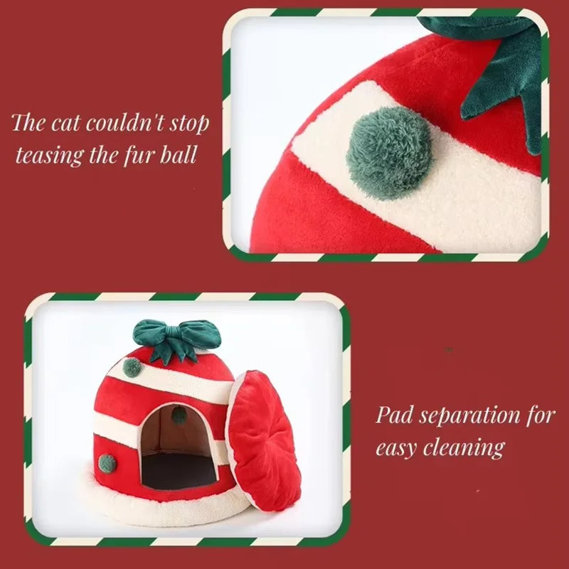 Tail Chasers warm holiday cat house in red and white with festive design and removable pad for easy cleaning