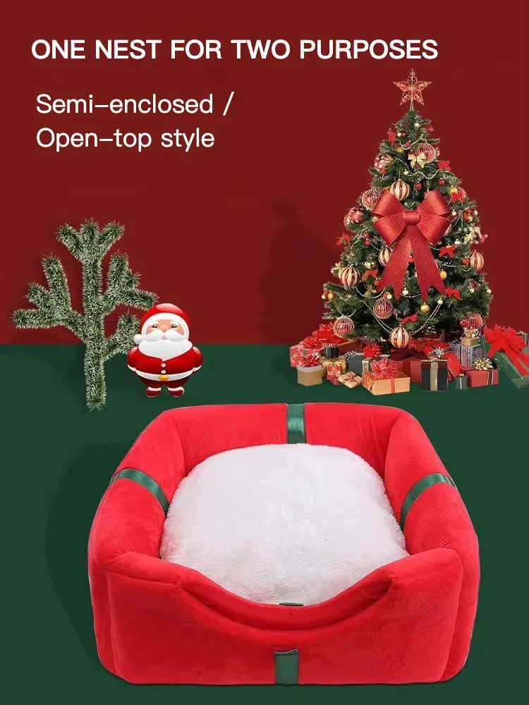Warm holiday cat house in red with white cushion, perfect for cozy winter naps