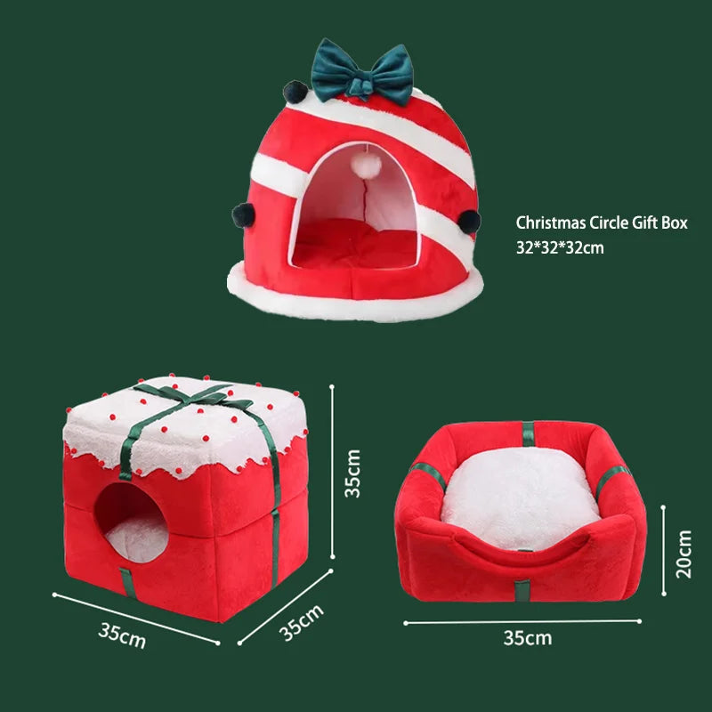 Warm holiday cat house featuring a Christmas gift box design and cozy interior for pets