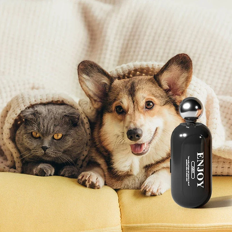 Washable pet hair removal roller next to a cat and dog on a cozy couch for easy cleaning