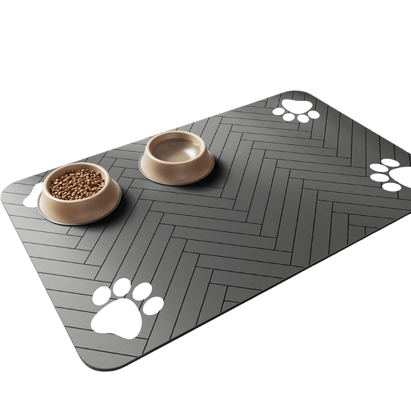 WTN Essentials waterproof dog food mat with paw print design and two bowls for pet feeding