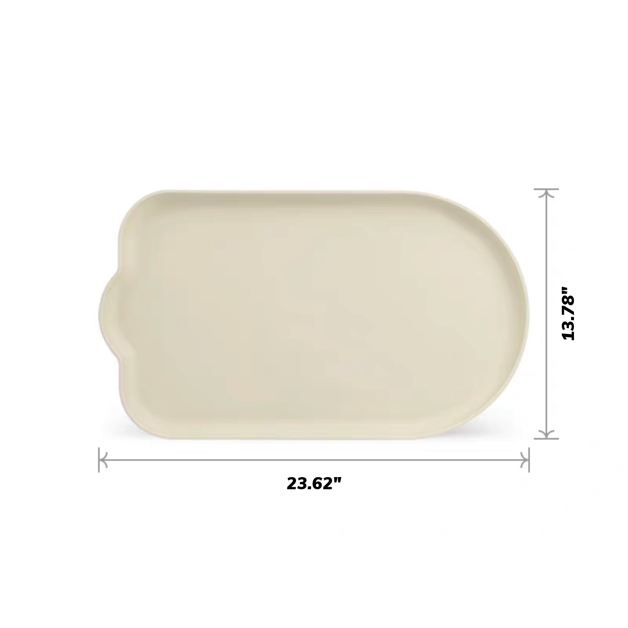 MangoPets waterproof pet feeding mat in beige, measuring 23.62 x 13.78 inches for easy cleanup