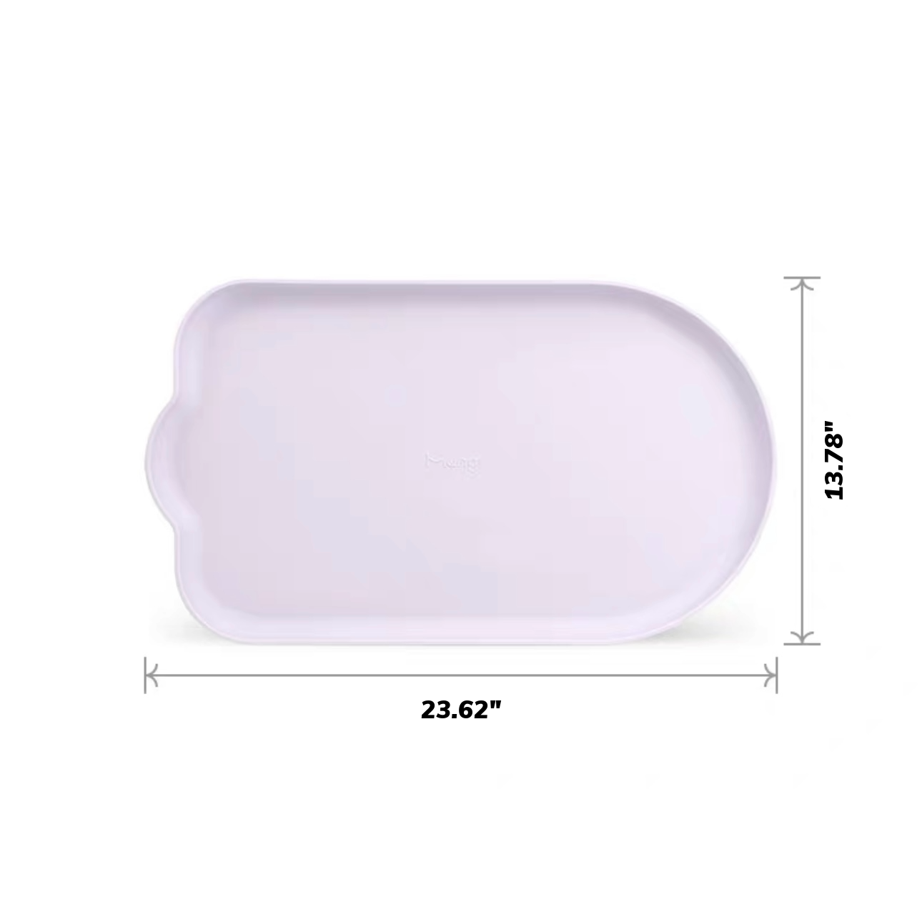 MangoPets waterproof pet feeding mat in light color, measuring 23.62 by 13.78 inches for easy cleanup