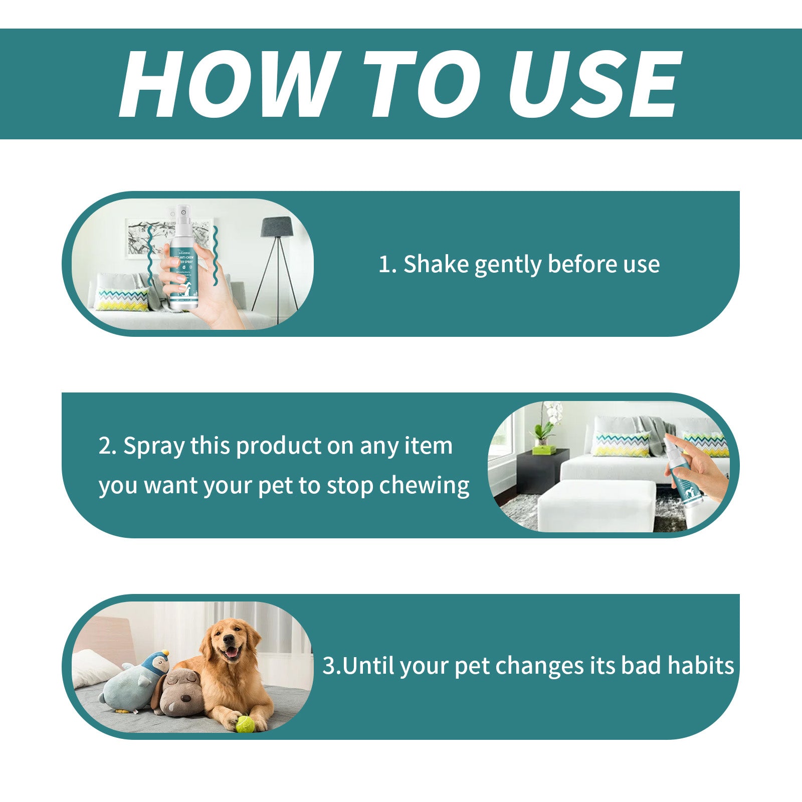 Instructions for using anti-scratch sofa spray for pets featuring a dog and furniture.