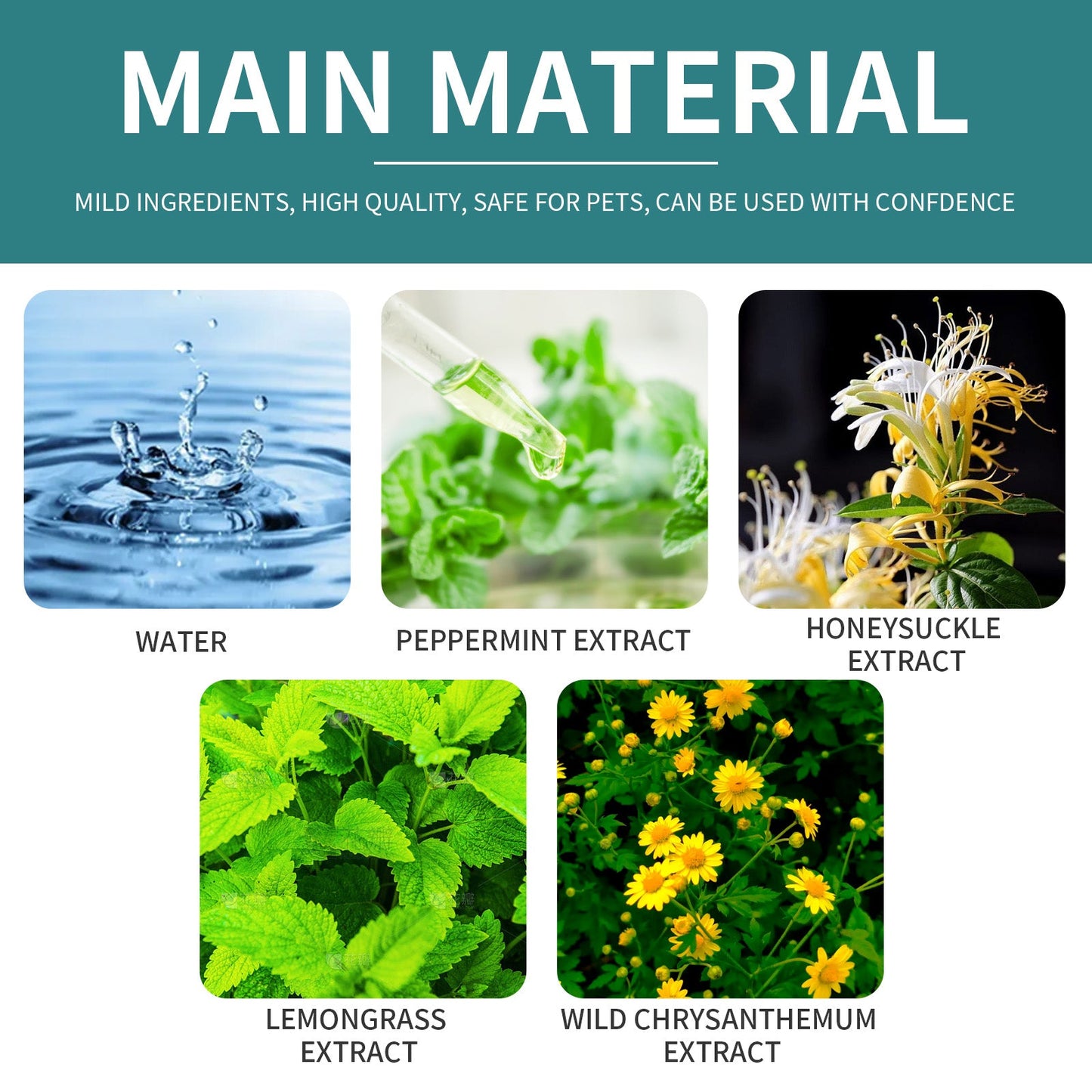 Main ingredients for anti-scratch sofa spray for pets including water, peppermint, honeysuckle, lemongrass, and wild chrysanthemum