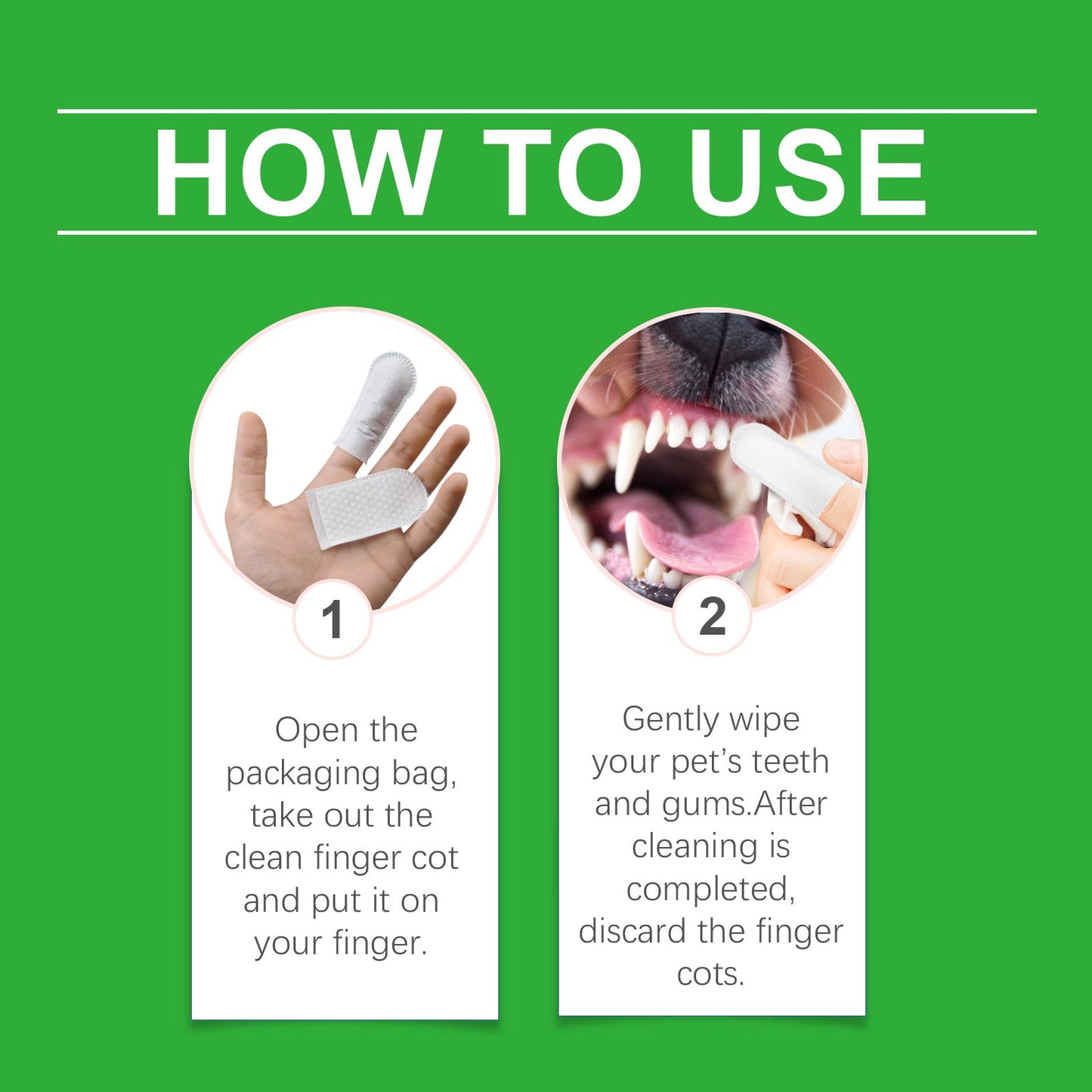 Instructions for using tartar removal wipes for pets featuring finger cot and cleaning tips