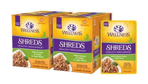 Wellness Adult Pouch Healthy Indulge Shredded Chicken and Turkey Wet Cat Food by The Family Pet, 3oz pouch, featuring a co...