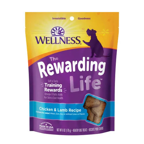Wellness All Life Stages Rewarding Life Chicken and Lamb Soft Dog Treats (6oz) by The Family Pet, featuring a colorful pac...