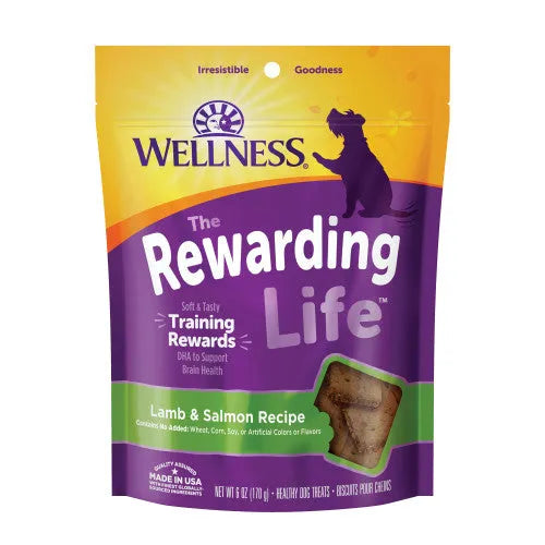 Wellness All Life Stages Rewarding Life Lamb and Salmon Soft Dog Treats by Purrfect Pet Kingdom, 6oz pack, ideal for dogs.