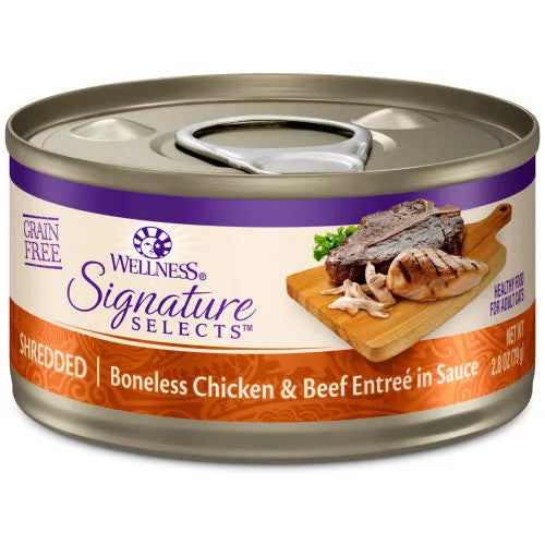 Wellness Core Adult Signature Select Shredded Chicken and Beef Entree Wet Cat Food by Purrfect Pet Kingdom, 5.3oz can.