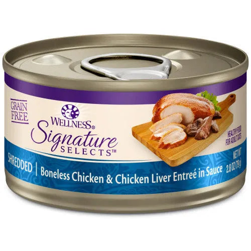 Wellness Core Adult Signature Select Shredded Chicken and Chicken Liver Entree Wet Cat Food by The Family Pet, 2.8oz can.